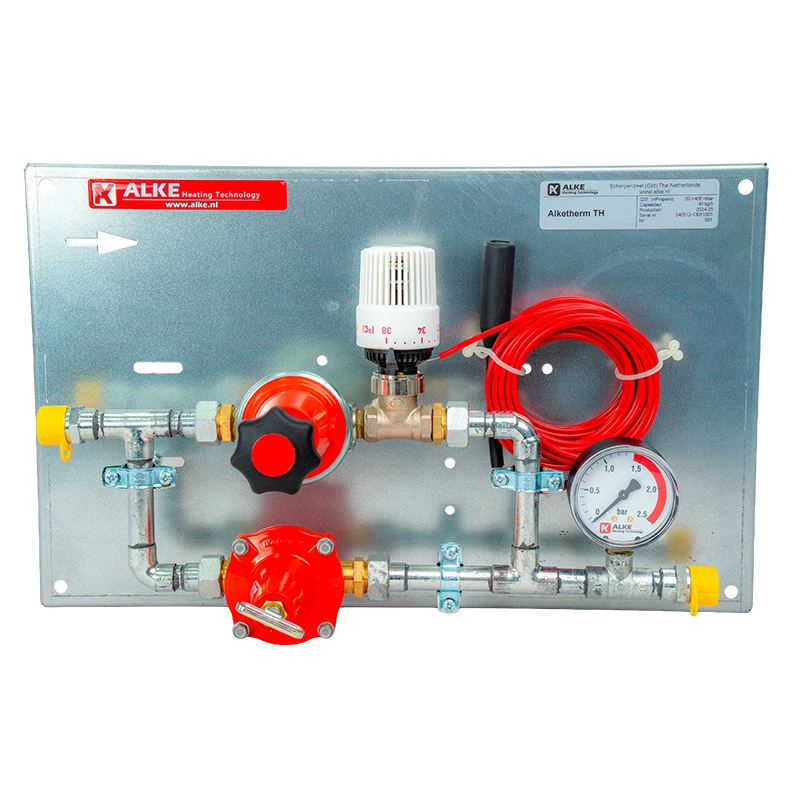Quadro regulador de pressão a gás com sensor termostático Pleyades para sistemas de aquecimento avícola e controle automático de temperatura em aviários.